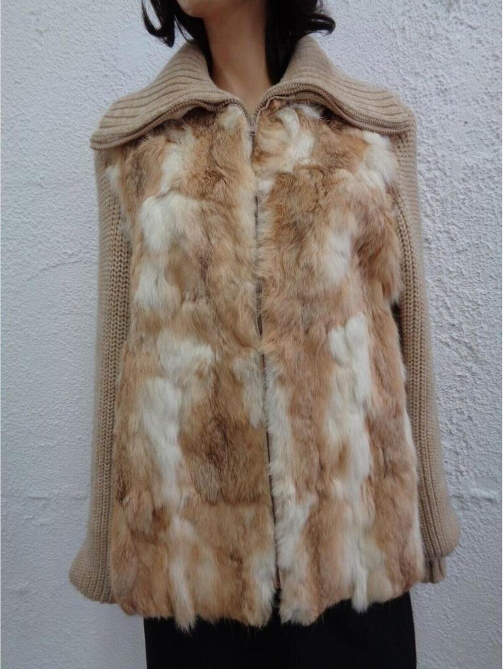 MINT BEIGE RABBIT FUR & KNITTED JACKET COAT WOMEN WOMAN SIZE 4-6 petite